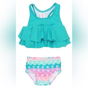 Ruffle Butts Teal and Multicolor Kids Swim Bikini